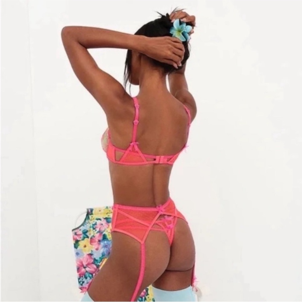 New! For Love and Lemons Shimmer Zinnia Bra neon coral floral 51391 - Picture 5 of 11